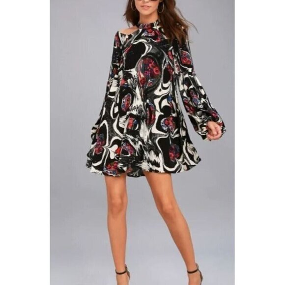 Free People Dress Womens Large Drift Away Black Abstract Cold Shoulder Tunic - Picture 1 of 10